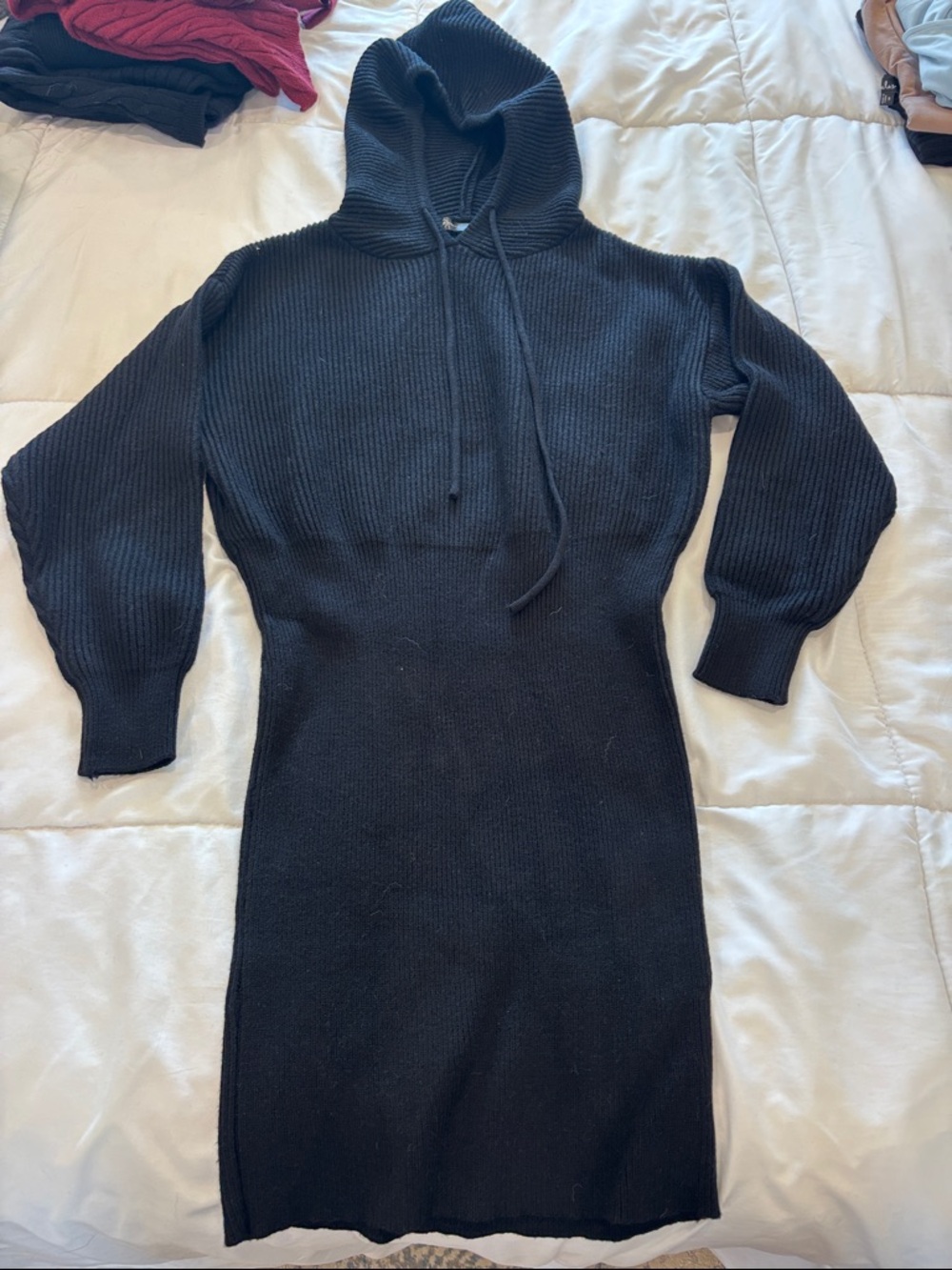 Black Hooded Knit Sweater Dress - Women's Cozy Long Sleeve